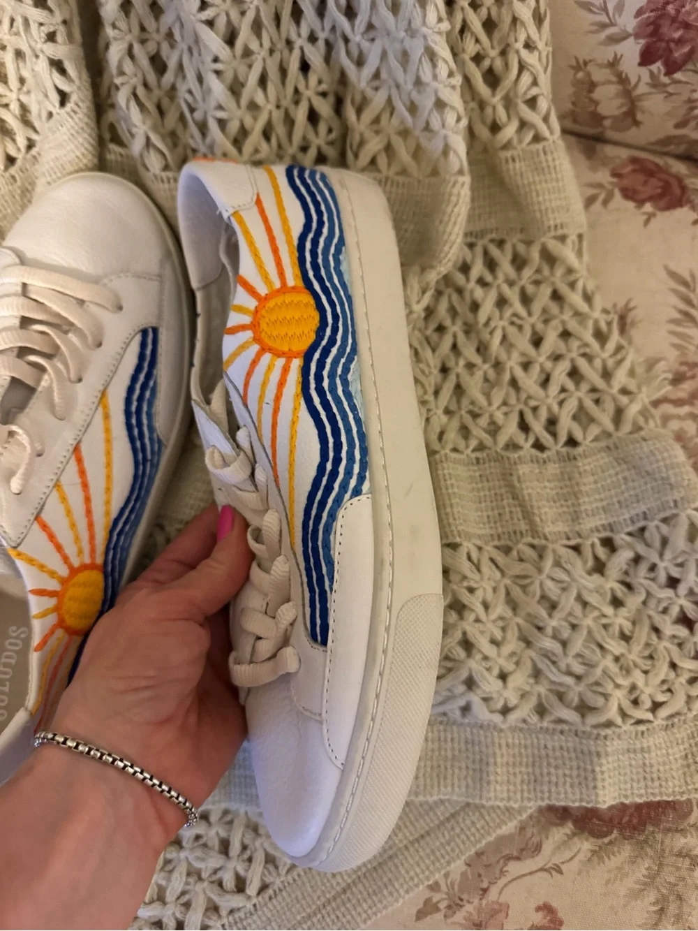 Soludos White Leather Sun Moon Wave Sneakers Artistic Coastal Shoes leather